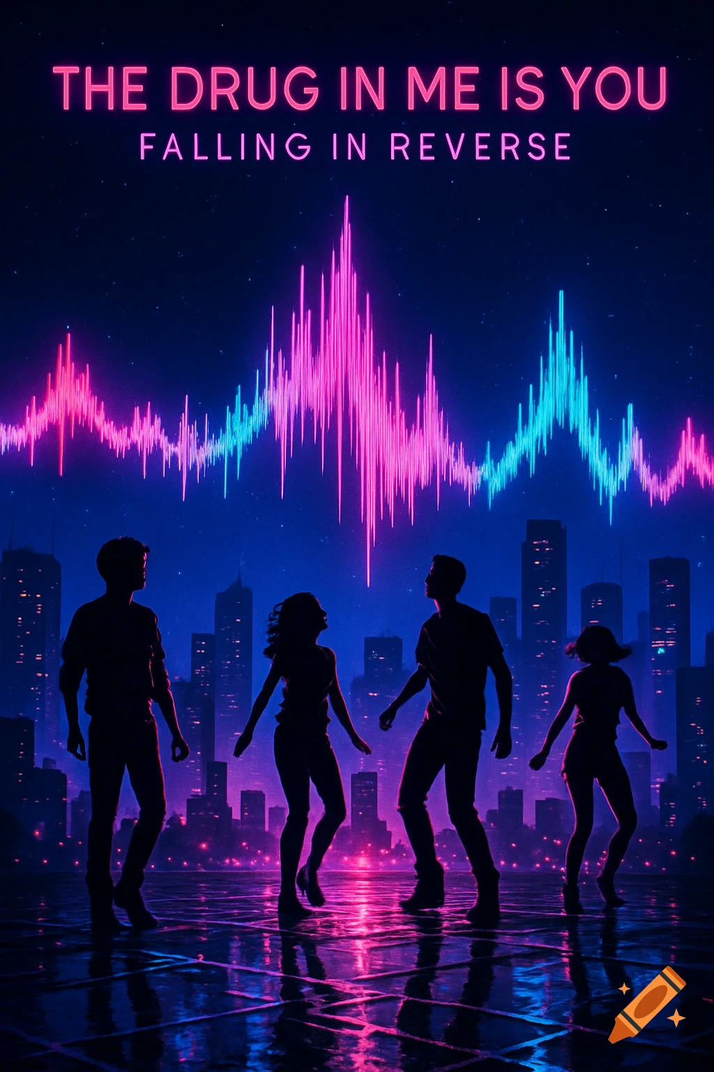 Silhouettes of four people dancing under glowing pink and blue sound waves above a neon cityscape, with song title text.