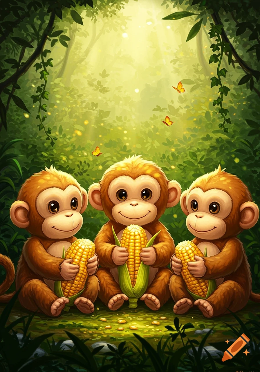 Three cute cartoon monkeys sit holding corn cobs in a lush, sunlit jungle.