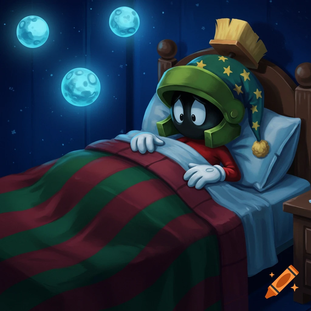 Marvin the Martian wearing a nightcap and pajamas, lying in bed at night with three glowing moons outside his window.