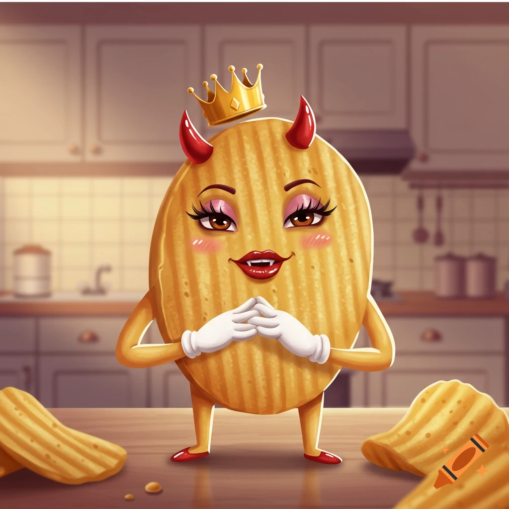 A cartoon potato chip character with an evil smirk, devil horns, a crown, makeup, and gloves, standing in a kitchen.