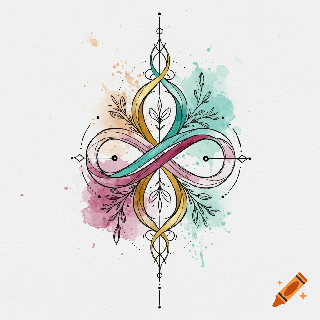 Ornate abstract symbol with intertwining lines, watercolor splashes in pink, teal, and gold, and small leaf elements.