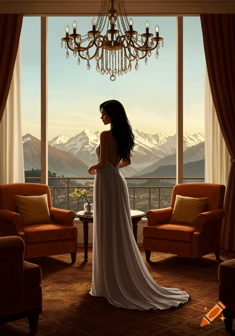 A woman in an elegant white dress stands in a luxury hotel room, looking out at a stunning mountain view.