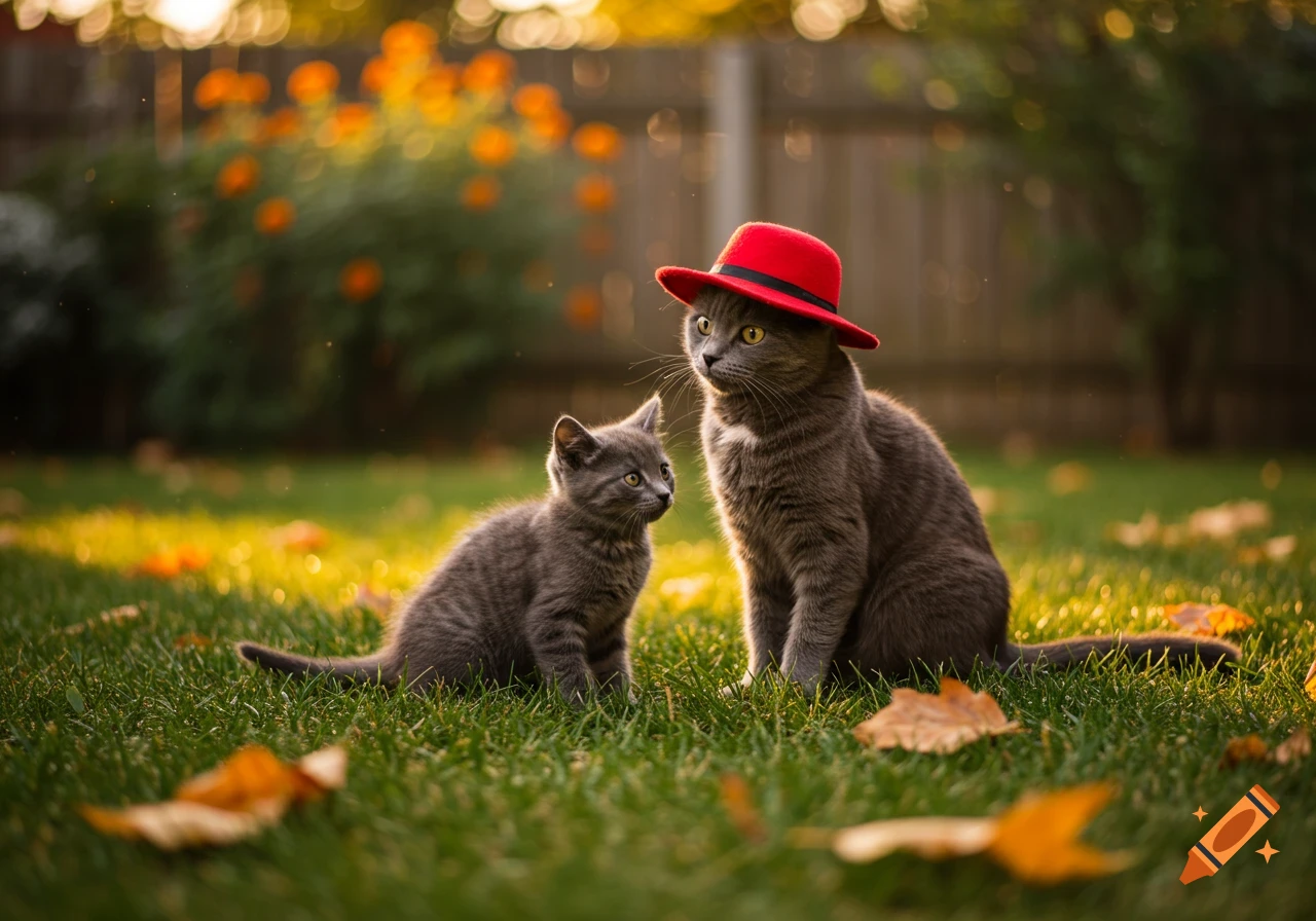 Two grey cats, one wearing a red hat, sit on green grass in a sunny garden.