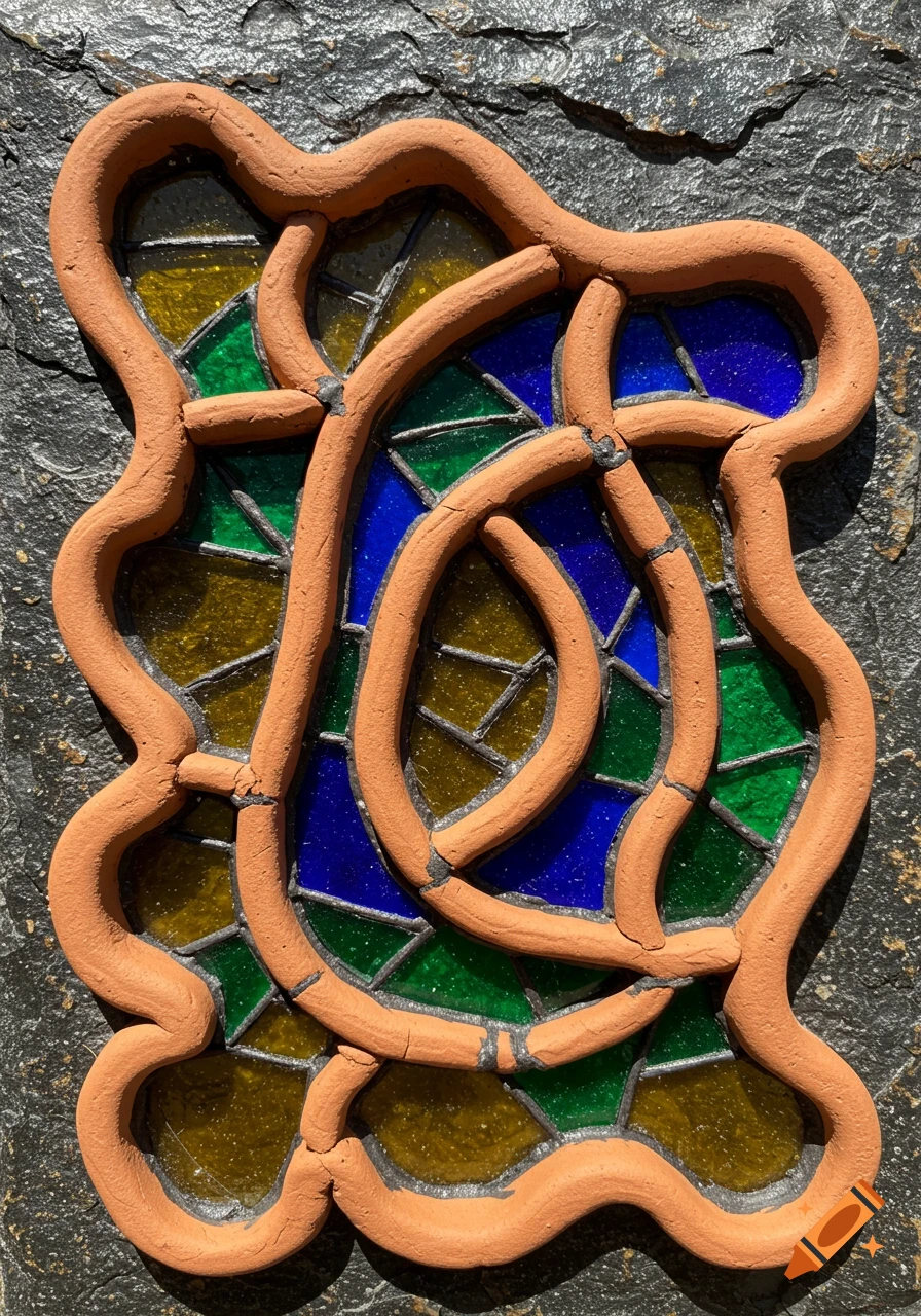 Abstract bas relief art made of terracotta-colored clay outlines and green, blue, yellow stained glass, on a dark stone surface.