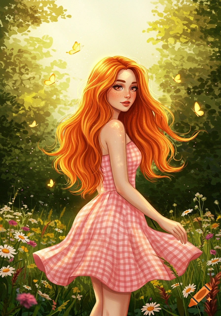 An illustration of a young woman with long ginger hair in a pink gingham dress, standing in a field of wildflowers with butterflies.