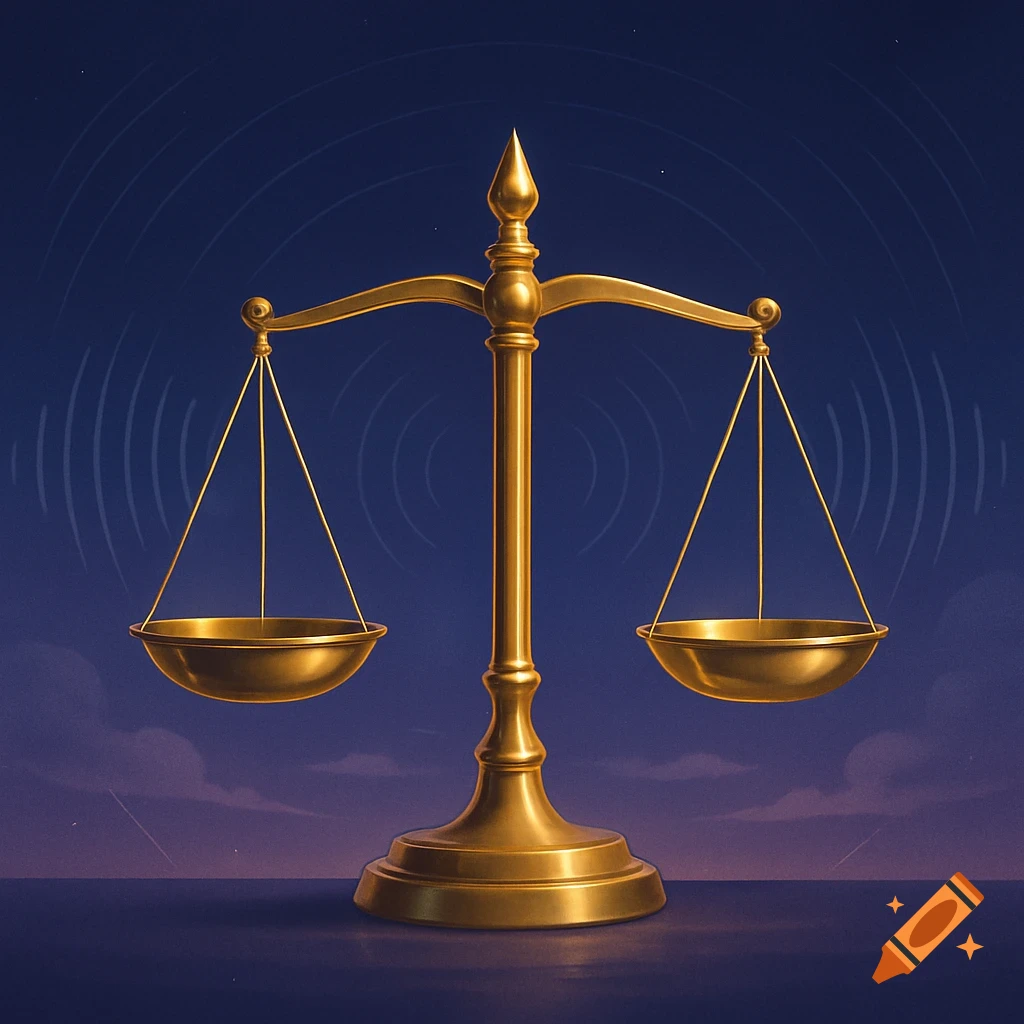 A golden balance scale stands centered against a deep blue background with faint purple clouds at the bottom. Subtle concentric rings glow in the upper blue portion.