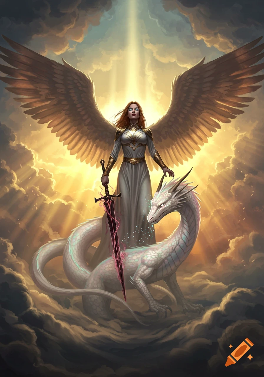An angel with large wings and a glowing sword stands beside a white dragon on clouds bathed in golden light.