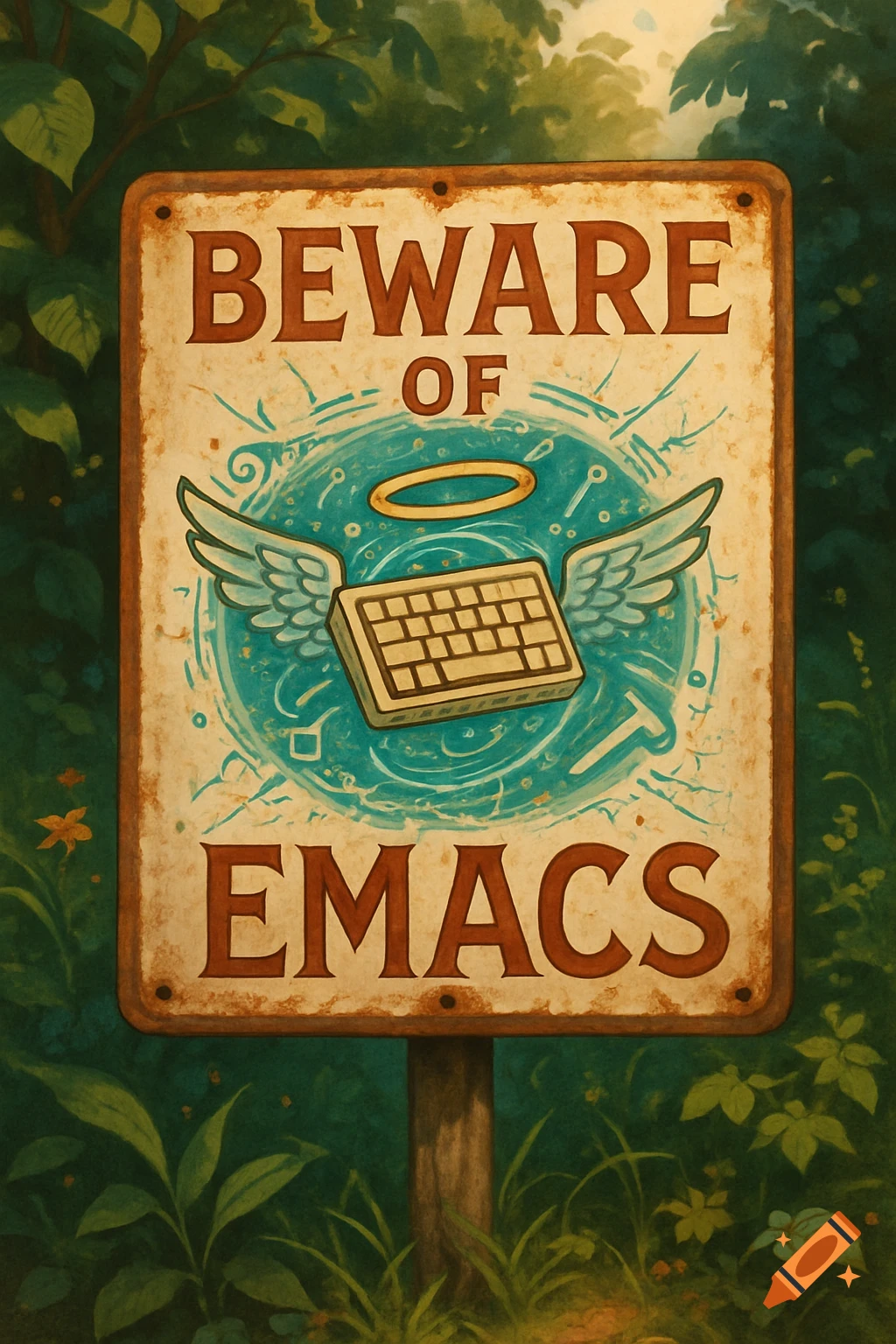 A rustic warning sign in a forest reads 'BEWARE OF EMACS' above a floating, winged keyboard with a halo, rendered in an illustrative style.