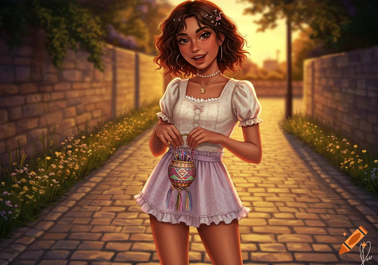 Smiling young woman with curly hair and freckles in a white top and purple skirt, holding a colorful bag on a brick path at sunset. Digital illustration.
