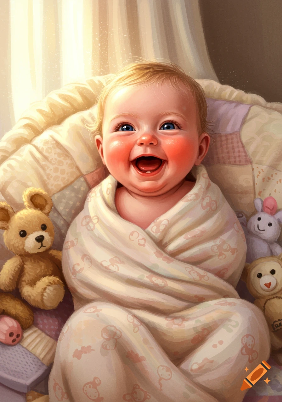 A happy baby with rosy cheeks smiles, wrapped in a blanket with stuffed toys nearby, in an illustrative style.