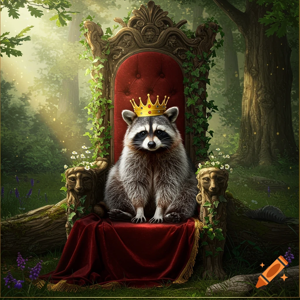 A regal raccoon wearing a golden crown sits on an ornate red throne in a lush forest.