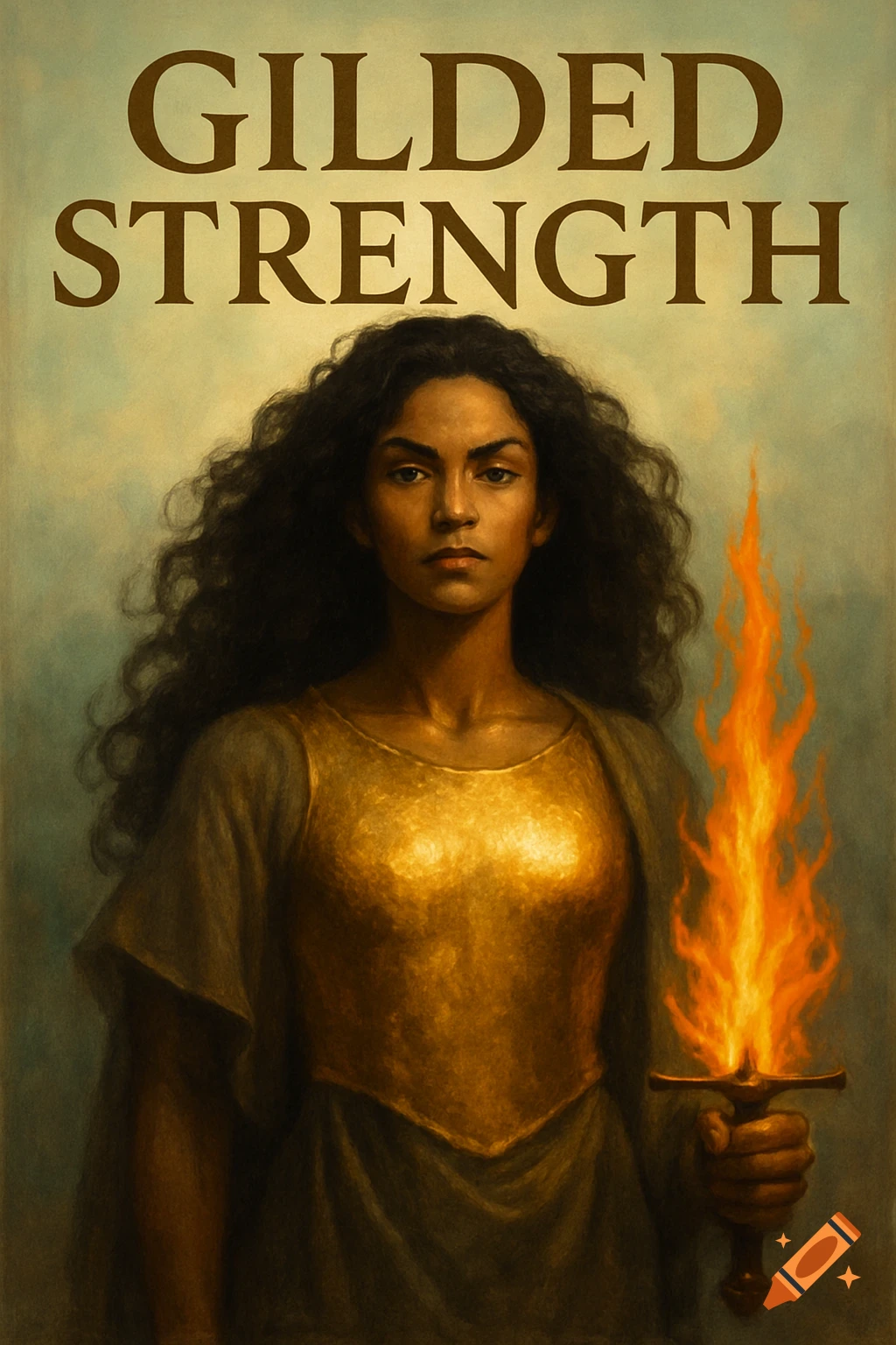 A woman with dark curly hair in golden armor holds a flaming sword under the title 'GILDED STRENGTH' on a book cover illustration.
