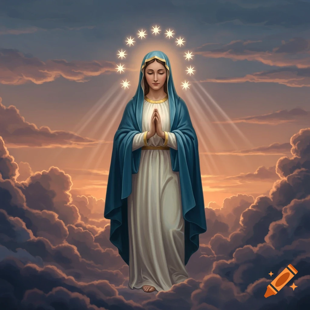 Painting of the Virgin Mary in blue and white robes with a halo of stars, floating among clouds at sunset.