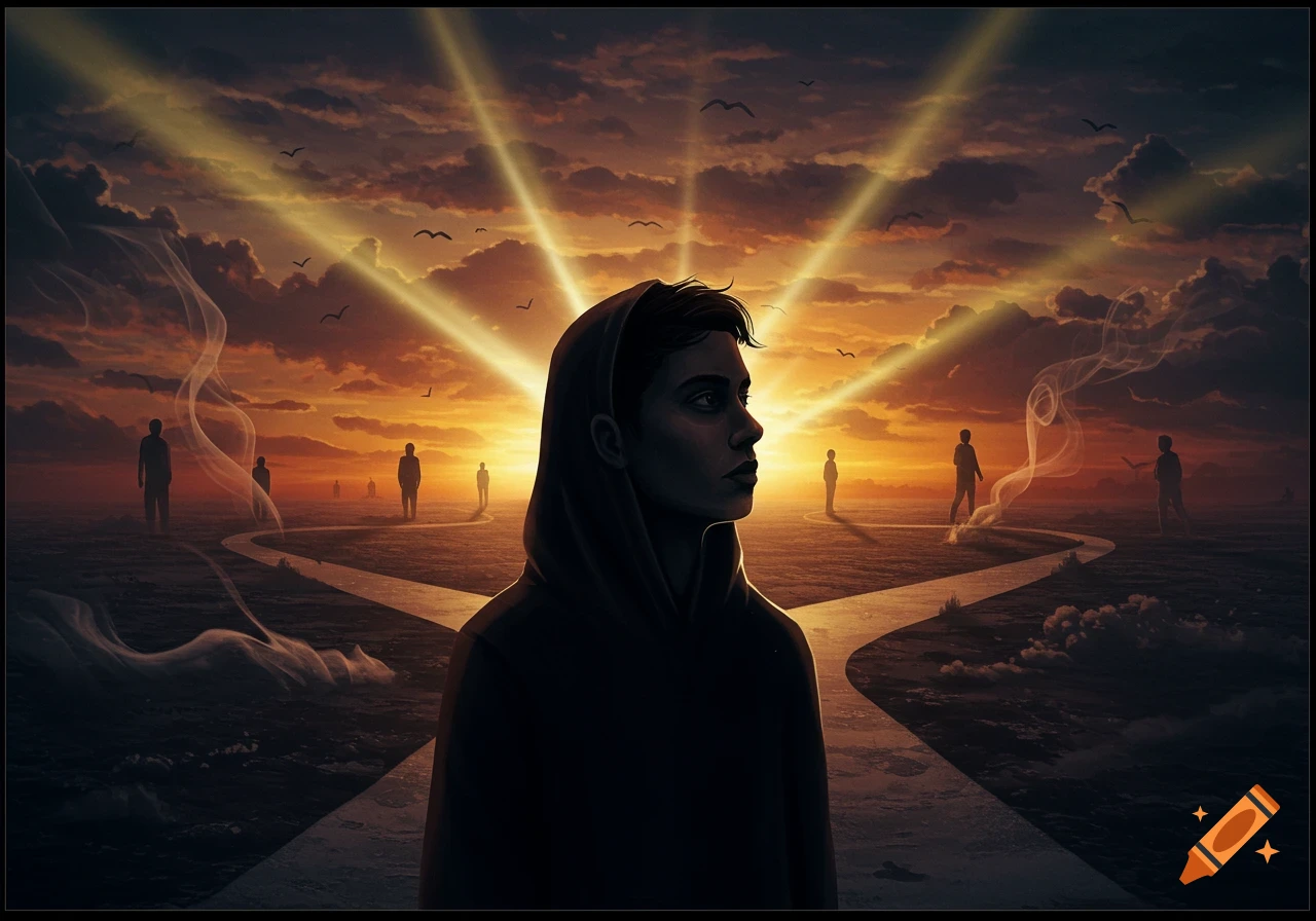A person in a hoodie stands at a crossroads under a dramatic sunset sky with light rays and silhouetted figures.
