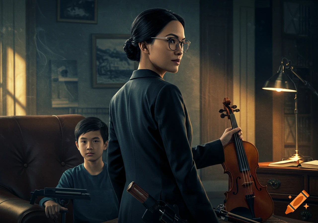A woman in a dark suit with glasses holds a violin, looking back at a boy holding a gun in a dimly lit room. Other weapons are on the table. Photorealistic style.