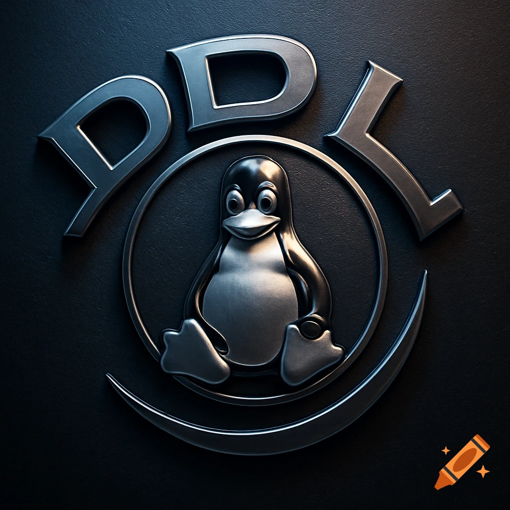 Metallic Linux Tux logo centered, surrounded by embossed metal letters 'DDL' on a dark, textured background.