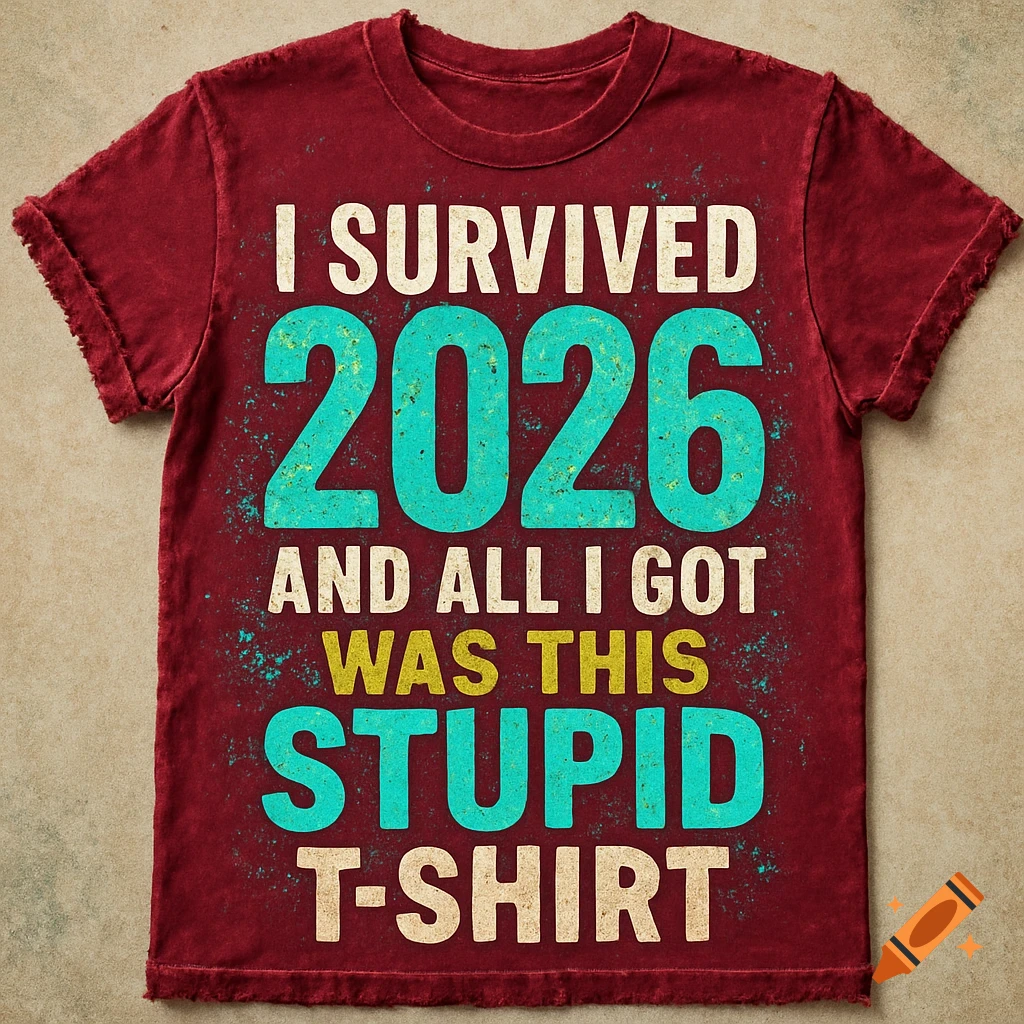 A distressed maroon t-shirt with 'I SURVIVED 2026 AND ALL I GOT WAS THIS STUPID T-SHIRT' printed on it.