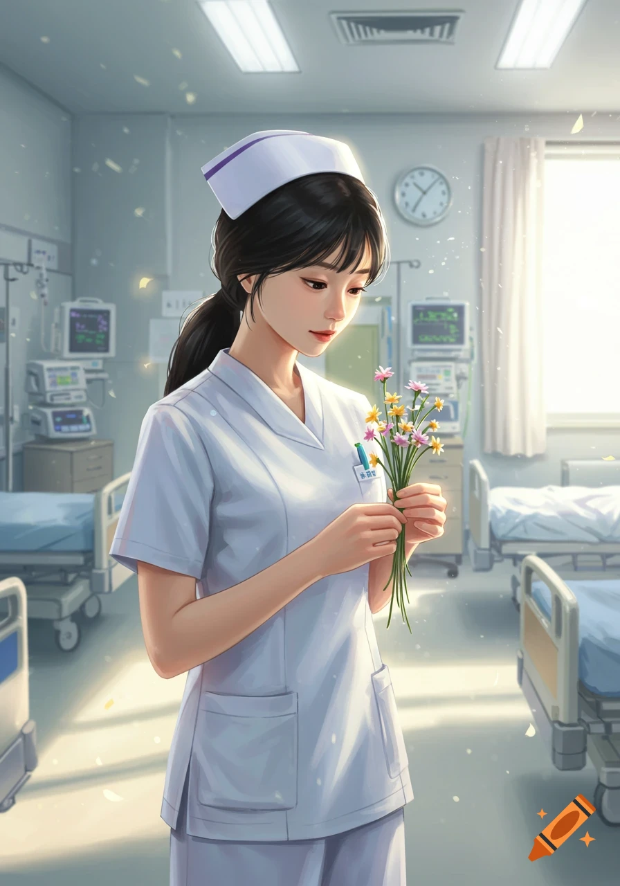 An anime-style illustration of a young female nurse in a hospital holding a bouquet of colorful flowers, looking down gently.