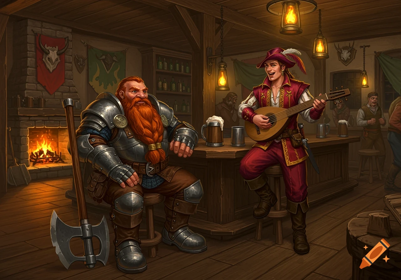 A red-bearded dwarf in armor sits at a bar while a bard in red plays a lute in a warm tavern, in a detailed illustration.
