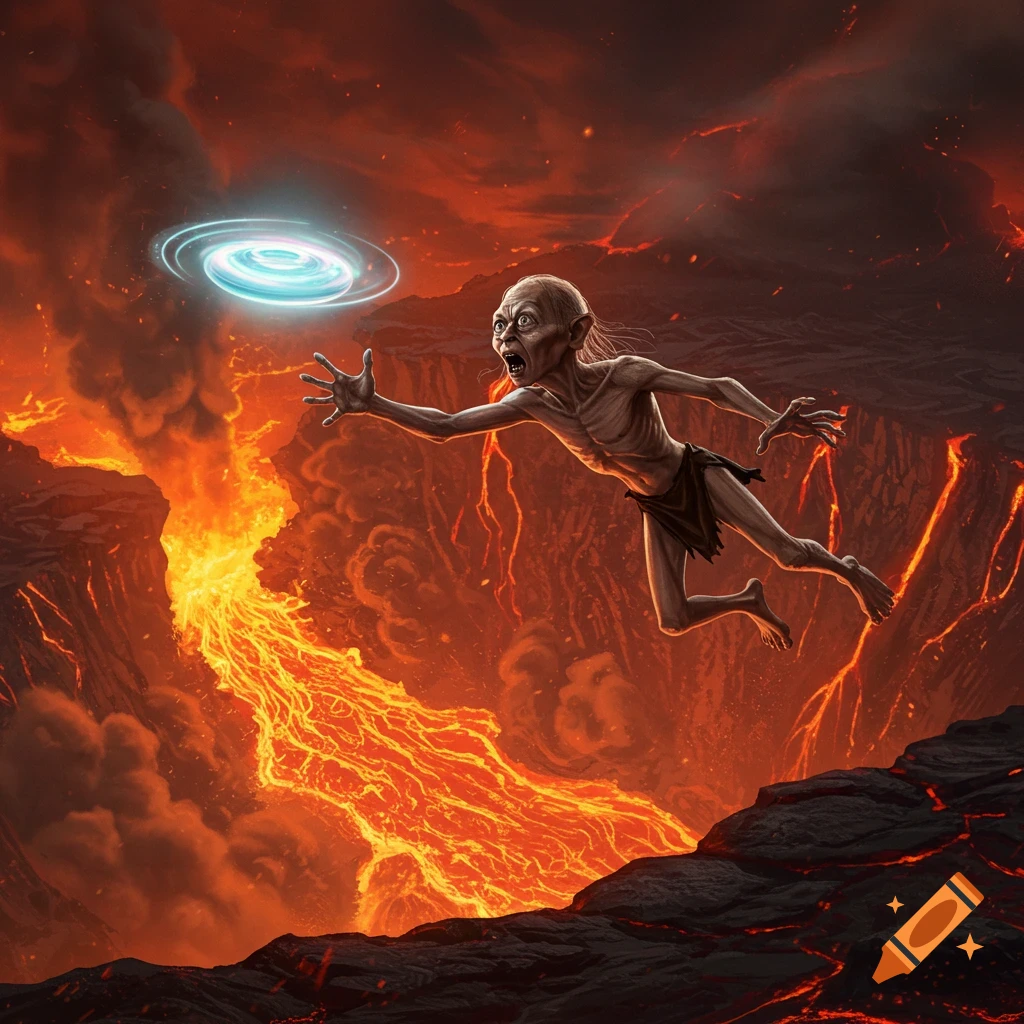 Gollum dives from a cliff towards a glowing blue frisbee over a lava river in a detailed fantasy illustration.
