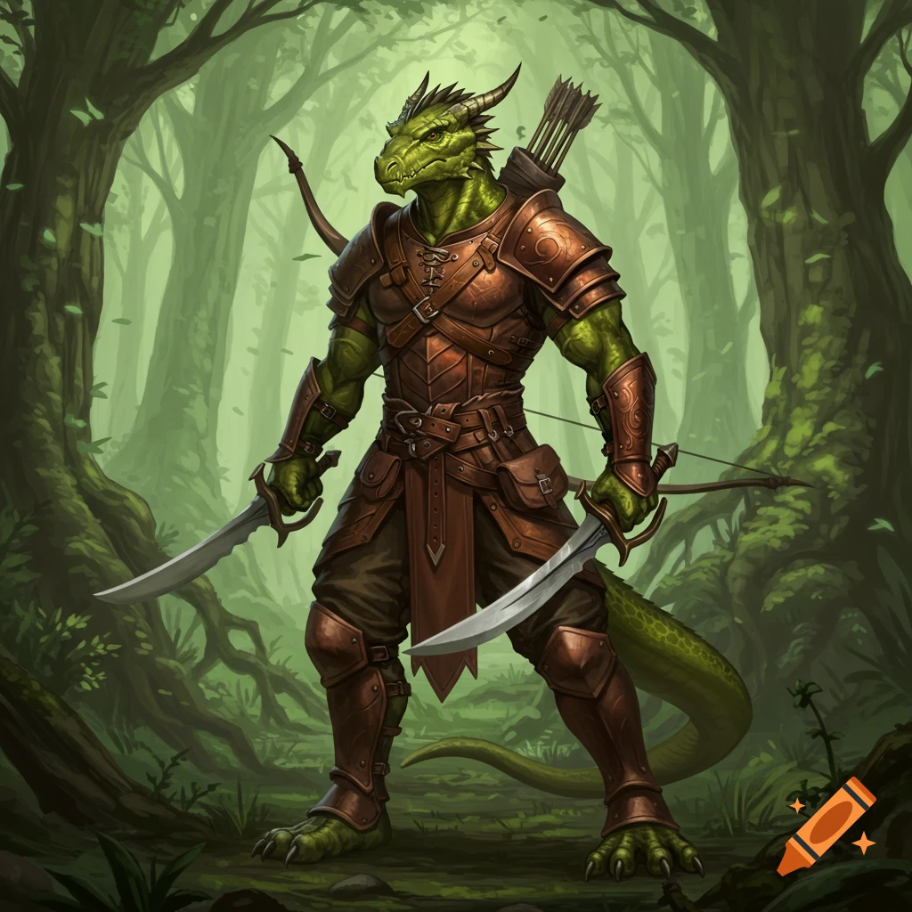 A green dragonborn ranger in brown armor holding two scimitars, with a longbow on his back, stands in a lush green forest, digital painting.