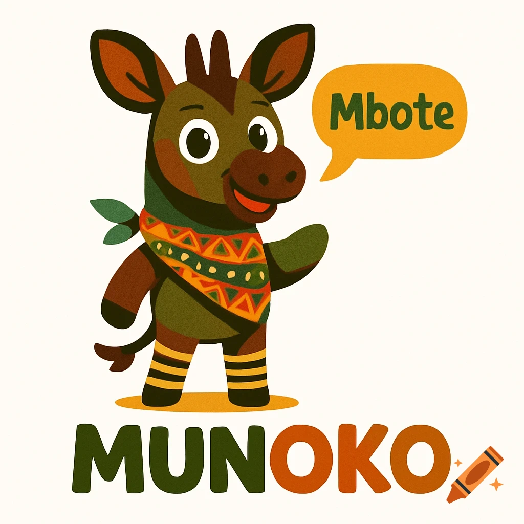 A cute cartoon okapi mascot with a patterned bandana, saying 'Mbote' in a speech bubble, with 'MUNOKO' below, in flat vector art style.