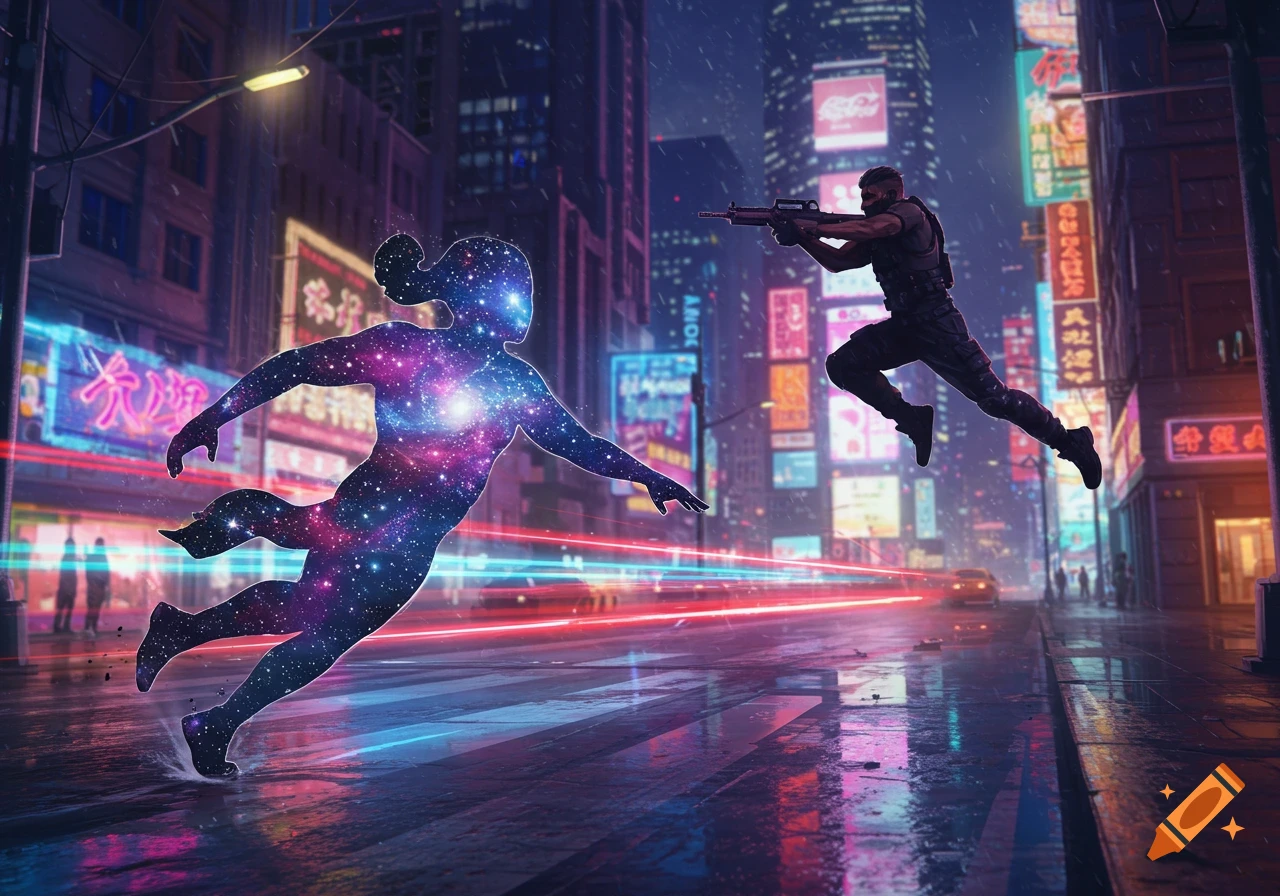 A cosmic galaxy-filled person slides across a wet city street, pursued by a tactical shooter leaping through the air, against a backdrop of neon-lit buildings.