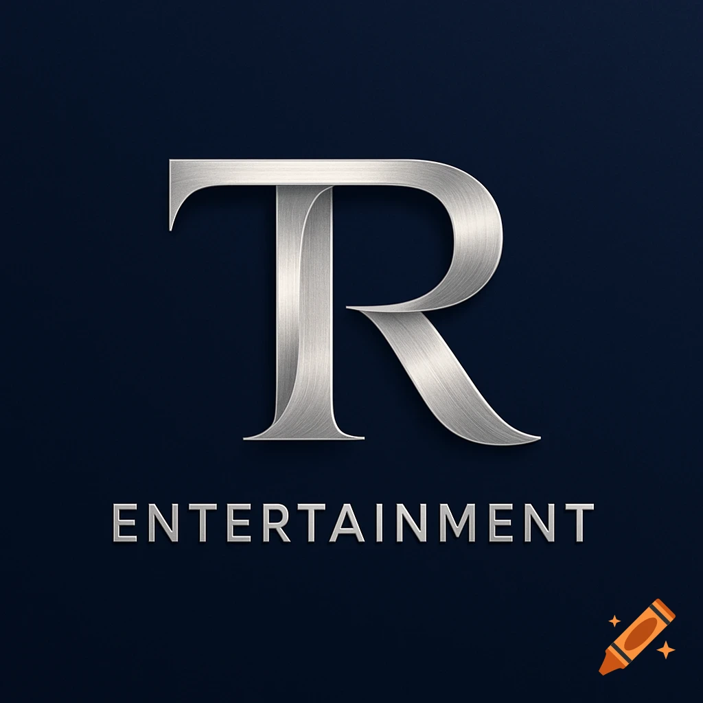 A silver metallic logo featuring a large intertwined 'TR' above the word 'ENTERTAINMENT' on a dark blue background.