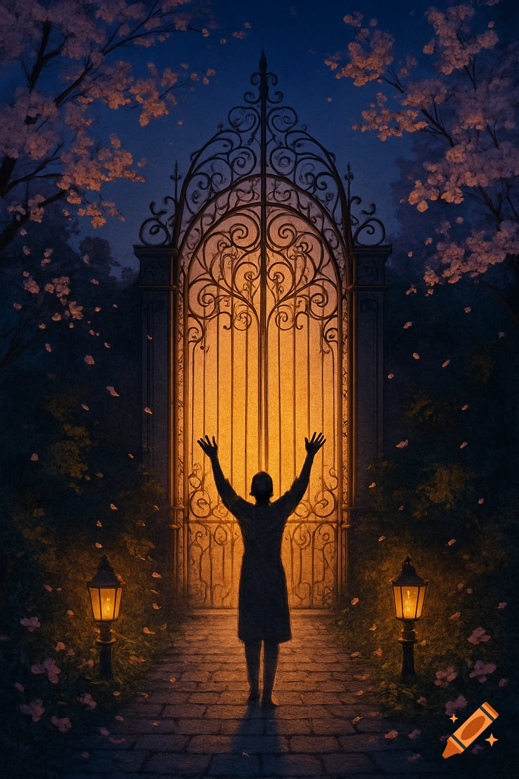Silhouette of a person with raised arms facing a glowing ornate gate on a path in a moonlit garden with cherry blossoms.