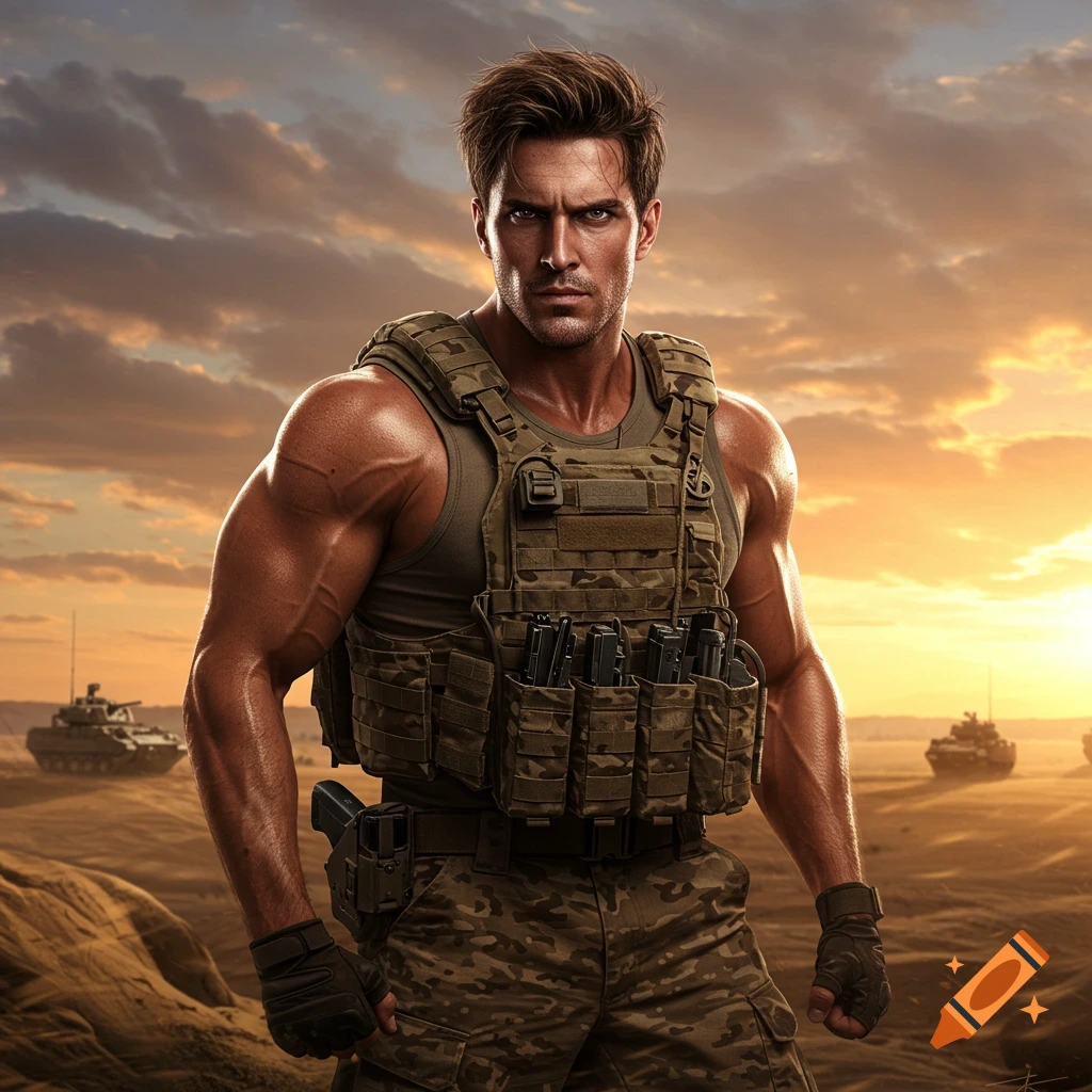 A muscular soldier in military fatigues and a vest stands in a desert at sunset, with tanks in the background.