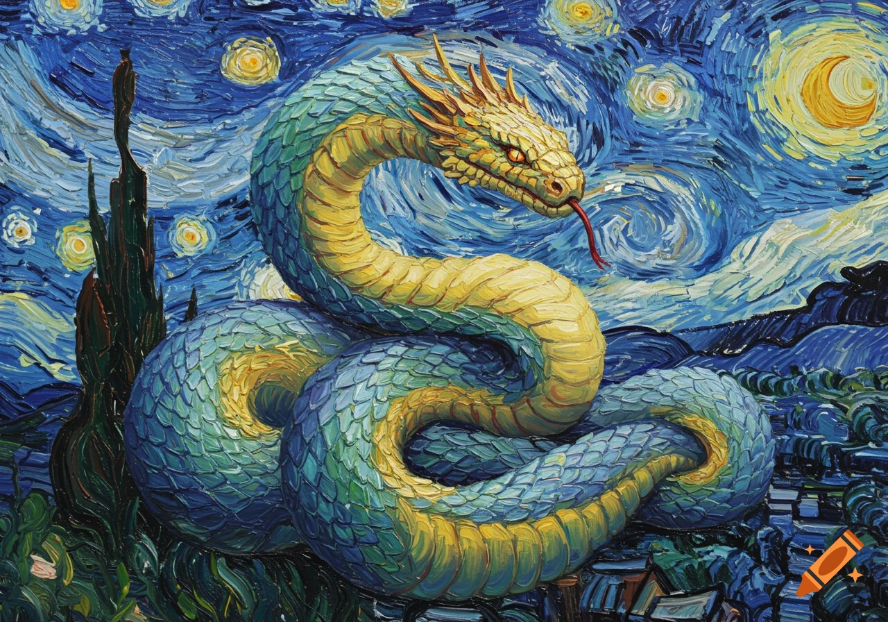 A large yellow and blue-green fantasy snake, Zulrah, coiled against a swirling, starry night sky in Vincent van Gogh's impasto style.