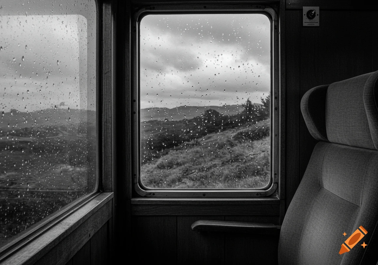 Monochrome view from a train window showing rain on the glass and a blurred landscape outside.