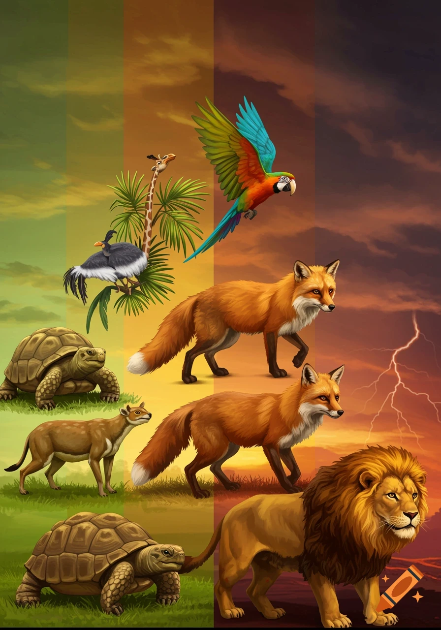 An illustrative spectrum of animals from tortoises and smaller mammals to foxes, a lion, a giraffe, and birds, against a background transitioning from green to stormy orange and red.