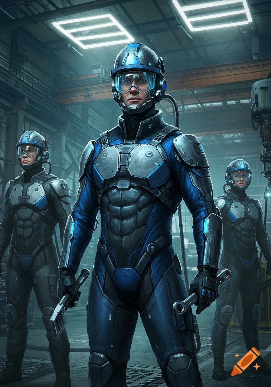 Three people in futuristic blue and grey protective suits and helmets in an industrial setting, one holding a tool.