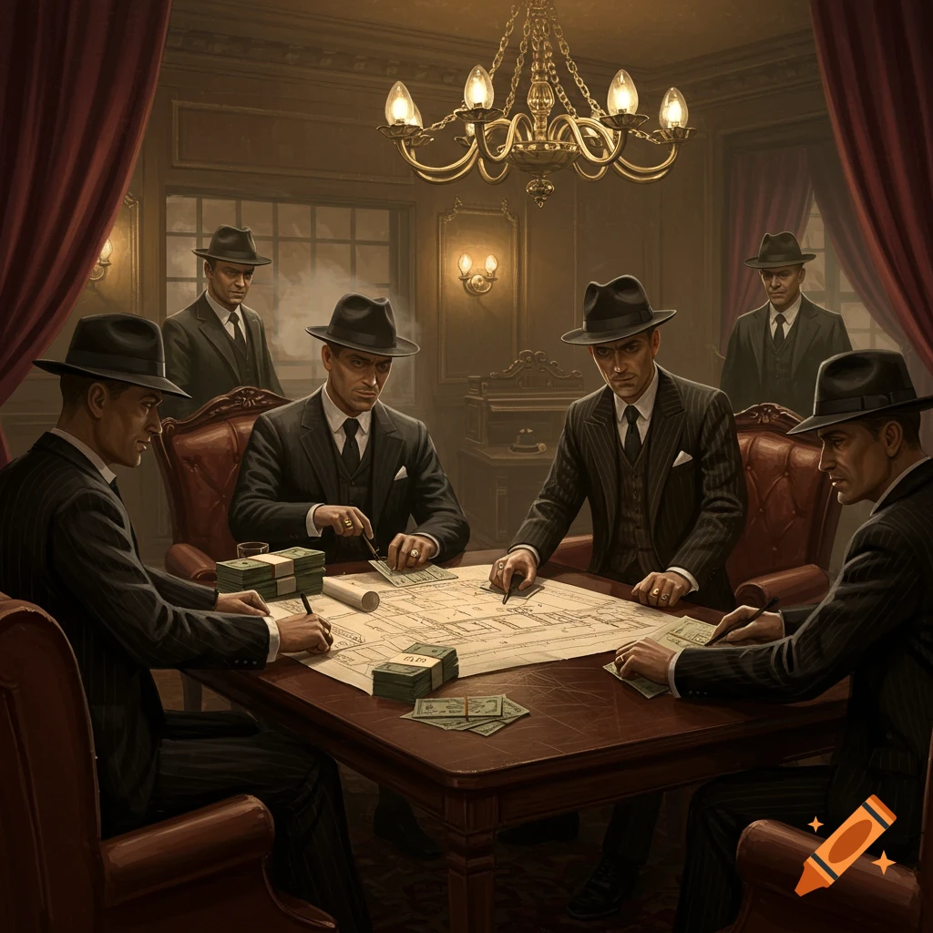 A group of men in 1900s suits and fedoras gathered around a table, planning, with maps and money in a dimly lit room.
