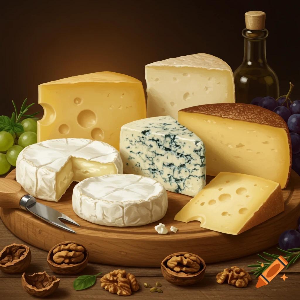 A close-up of various cheeses, grapes, and walnuts on a wooden board, with a bottle in the background.