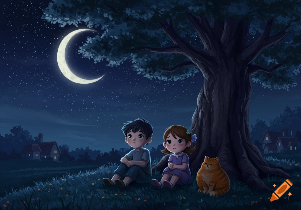 A boy, a girl, and an orange cat sit under a large tree at night, looking up at the crescent moon and stars above a village.