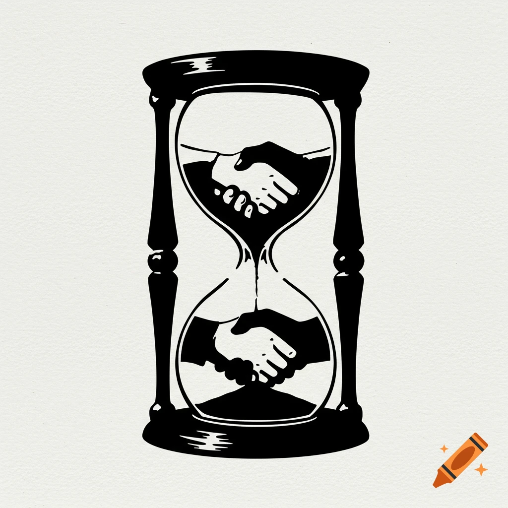 Black and white stencil of an hourglass with hands shaking inside.