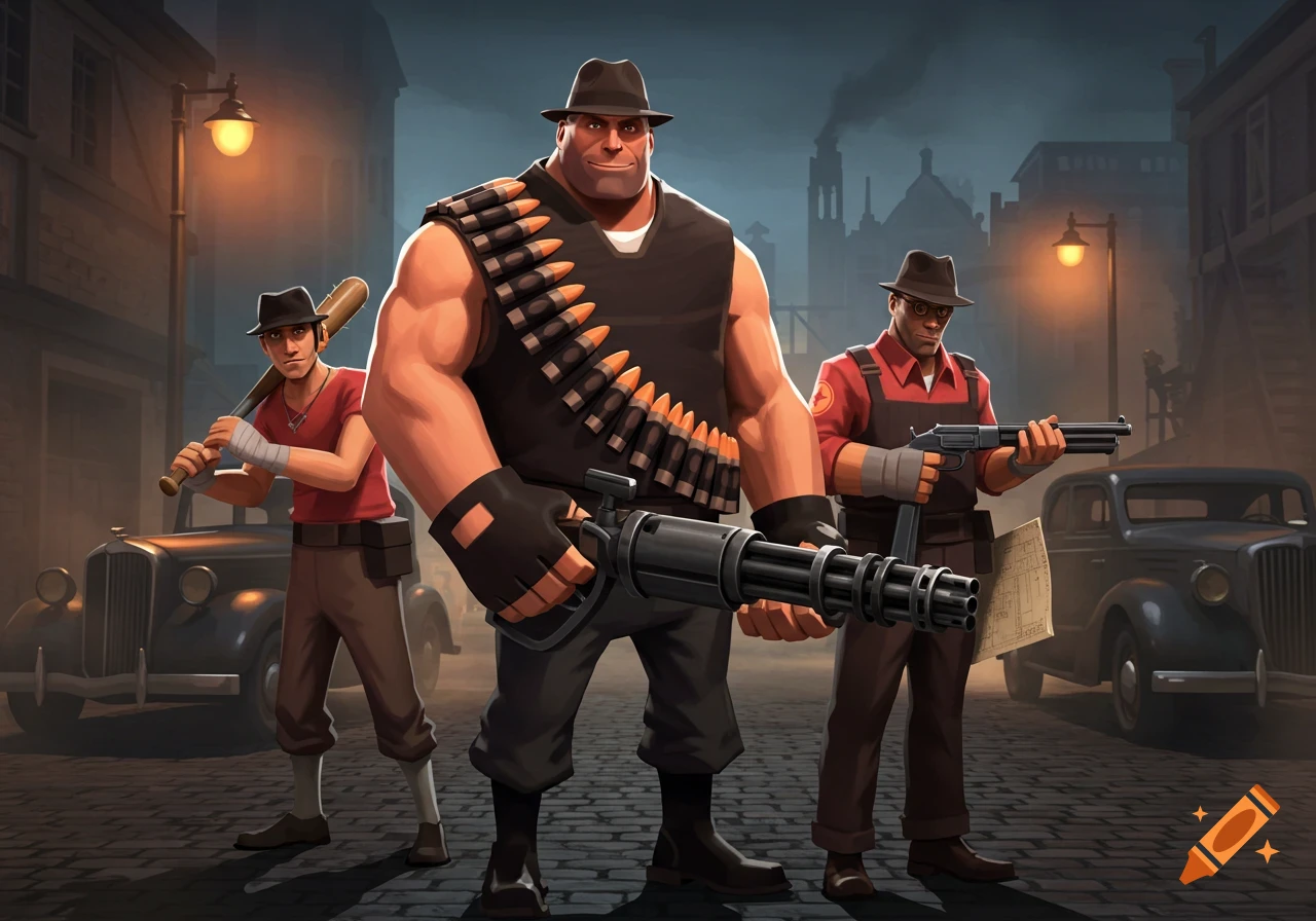 Team Fortress 2 characters Scout, Heavy, and Engineer stand with weapons on a dark, vintage city street in an illustrated style.