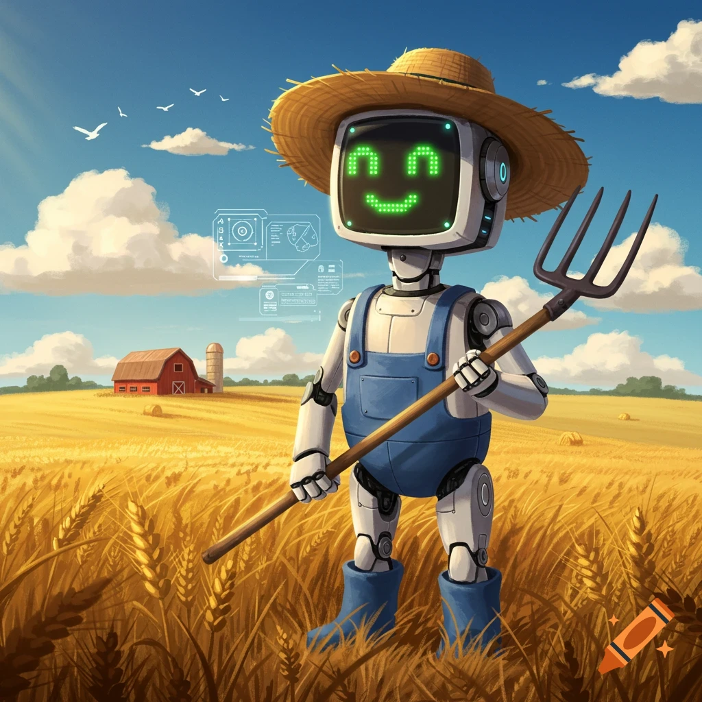 A friendly robot wearing a straw hat and blue overalls, holding a pitchfork, stands in a golden wheat field with a red barn in the background under a blue sky.
