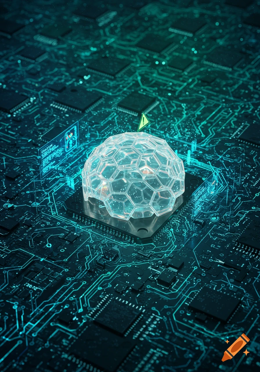 Close-up of a circuit board with glowing blue lines and a translucent, hexagonal dome structure at its center.
