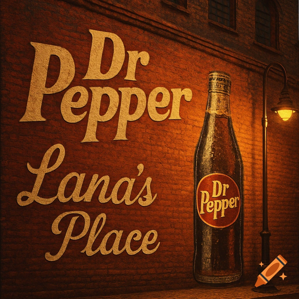A vintage Dr. Pepper bottle and "Dr Pepper Lana's Place" text on an old brick building wall with a street lamp.