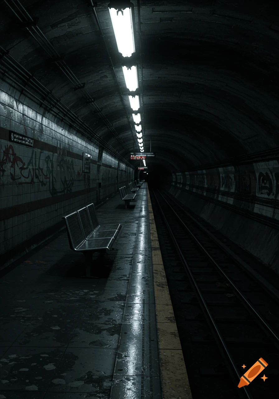 Empty, dark subway station with benches, graffiti-covered walls, and illuminated tracks under fluorescent lights.