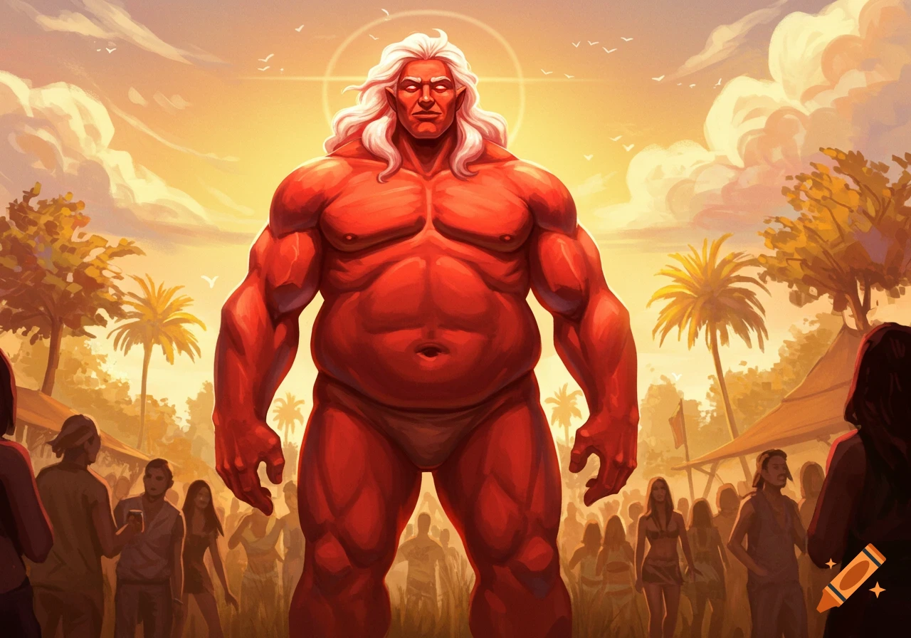 Illustrated image of a massive red-skinned man with white hair standing among a crowd at sunset with palm trees.