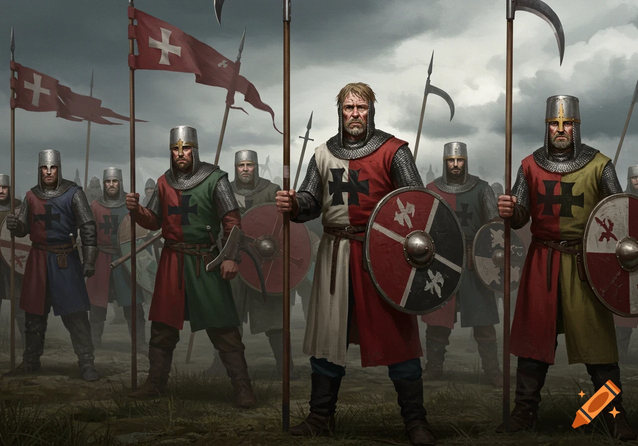 Medieval billmen prepared for battle, holding scythes and shields, under a cloudy sky in a realistic art style.