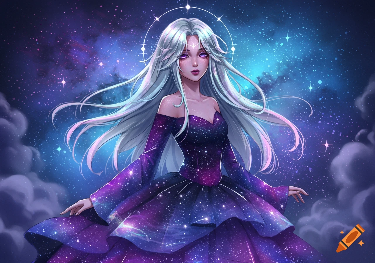 Anime woman with long flowing silver hair, purple eyes, wearing a purple cosmic ball gown against a starry galaxy background.