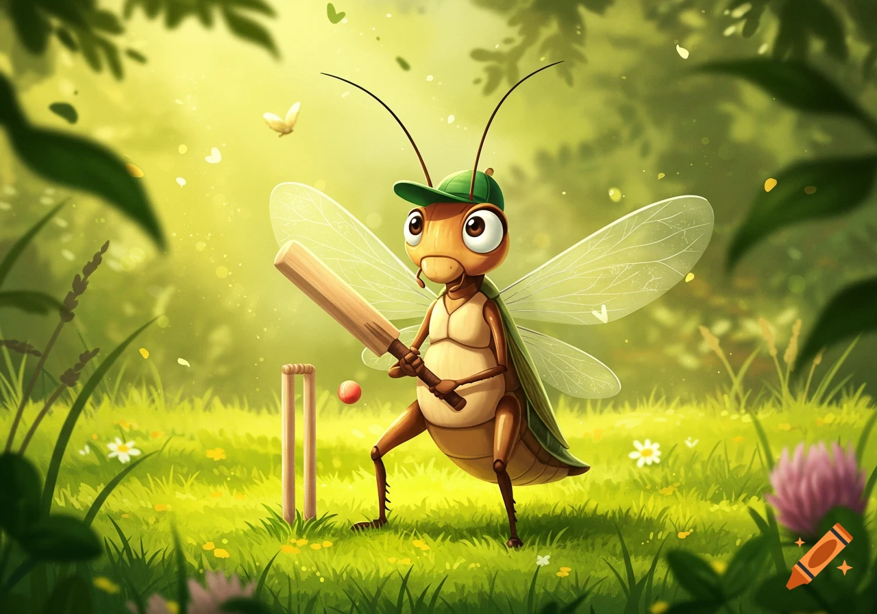 A cartoon cricket bug wearing a green cap holds a cricket bat next to stumps in a sunny, grassy field.