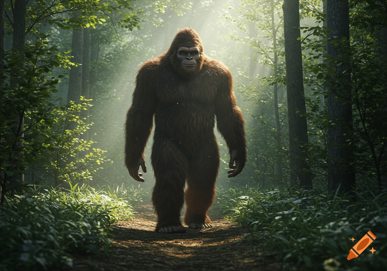 A photorealistic depiction of Bigfoot standing on a dirt path in a sun-dappled forest.