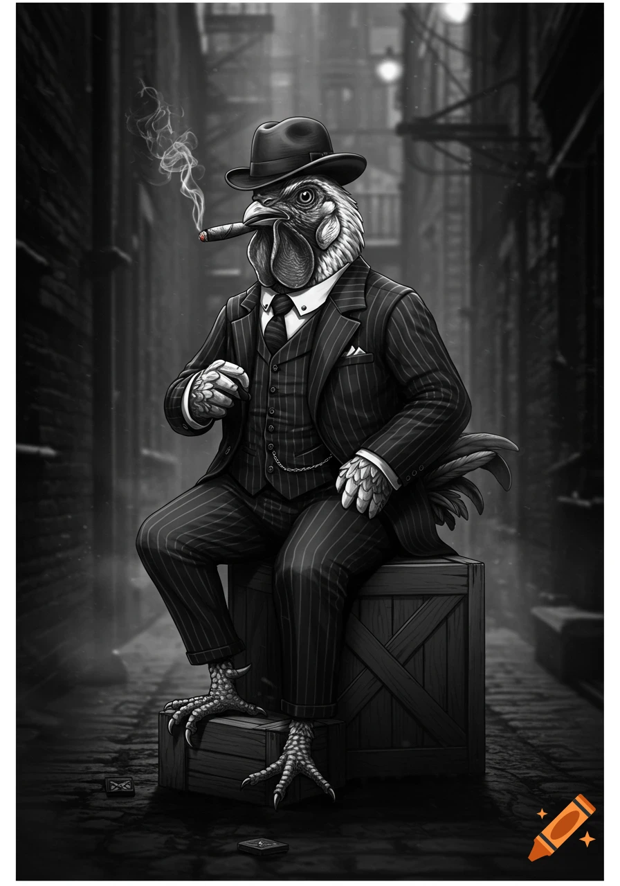 A black and white anthropomorphic rooster gangster in a pinstripe suit and fedora, smoking a cigar in a dark alley.