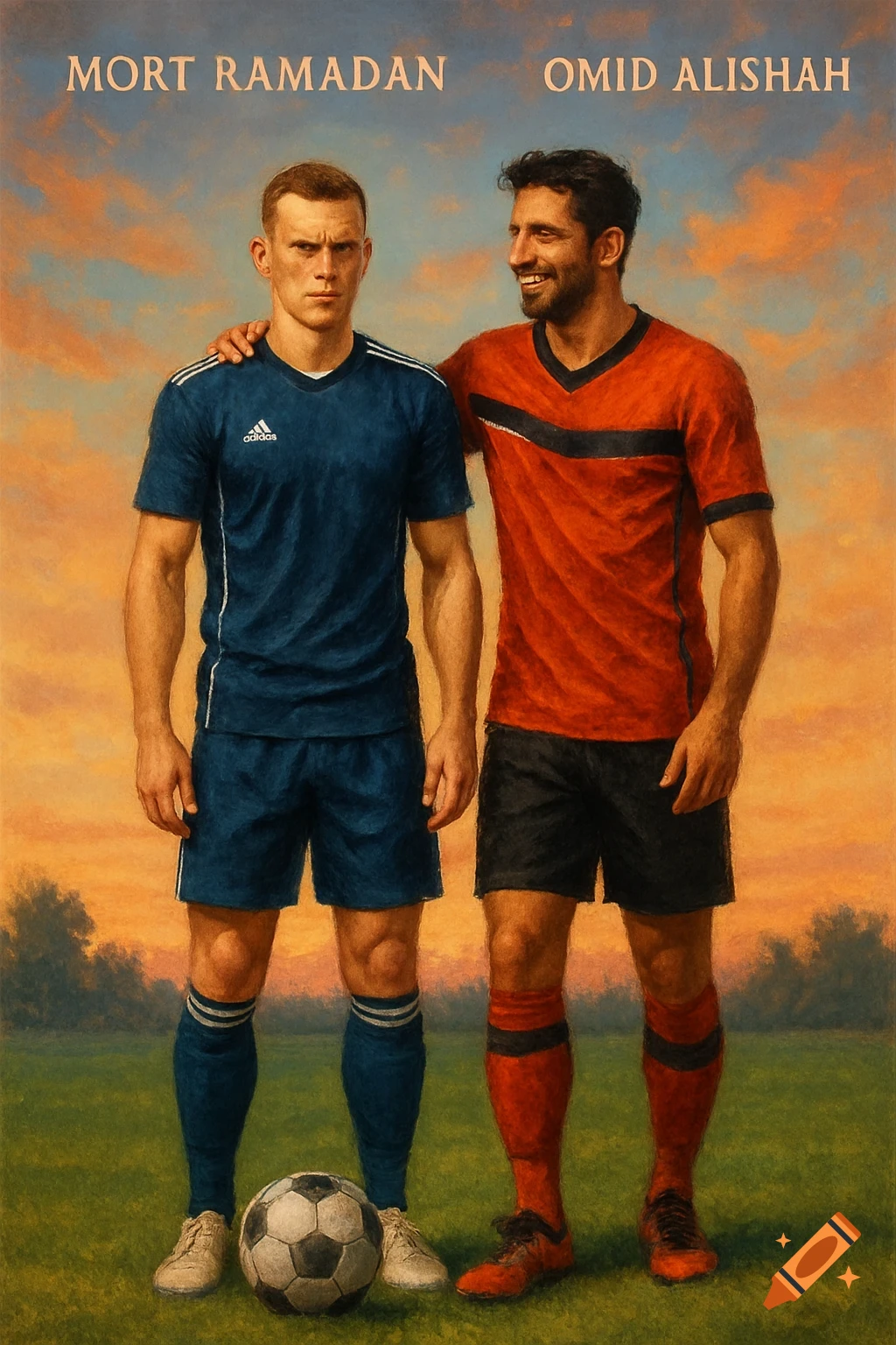 Two male football players in blue and red jerseys stand on a field at sunset, a soccer ball at their feet, in a painterly style.